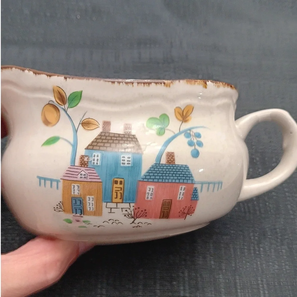 Vintage Village Scene Gravy Boat with Underplate Stoneware Country Folk Art